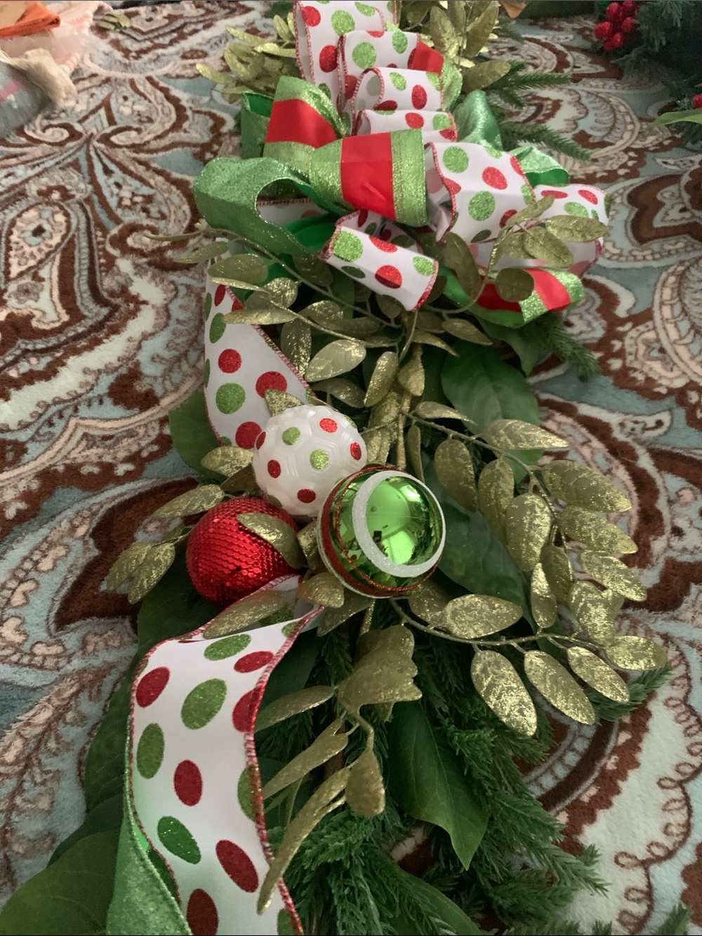 D, s design Festive Green and Red Holiday Garland with Polka Dot Ribbon